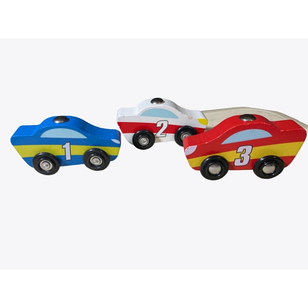 Wooden Race Car Toys Set Of 3 - Red Blue & White – Numbered 1 2 3